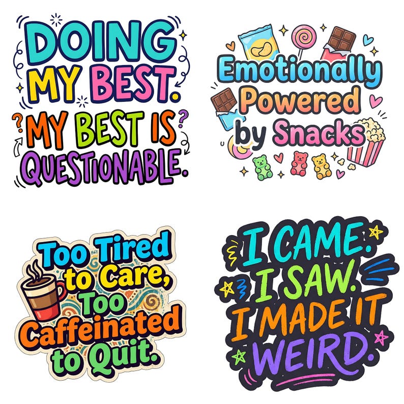 May include: Four colorful sticker designs with humorous phrases. One says "Doing my best. My best is questionable." Another reads "Emotionally powered by snacks." The others say "Too tired to care, too caffeinated to quit" and "I came, I saw, I made it weird."