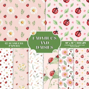 May include: A collection of 12 seamless papers featuring ladybugs and daisies in various patterns. The designs include ladybugs, daisies, and leaves on a pink background. The papers are 12" x 12" and include a commercial license.