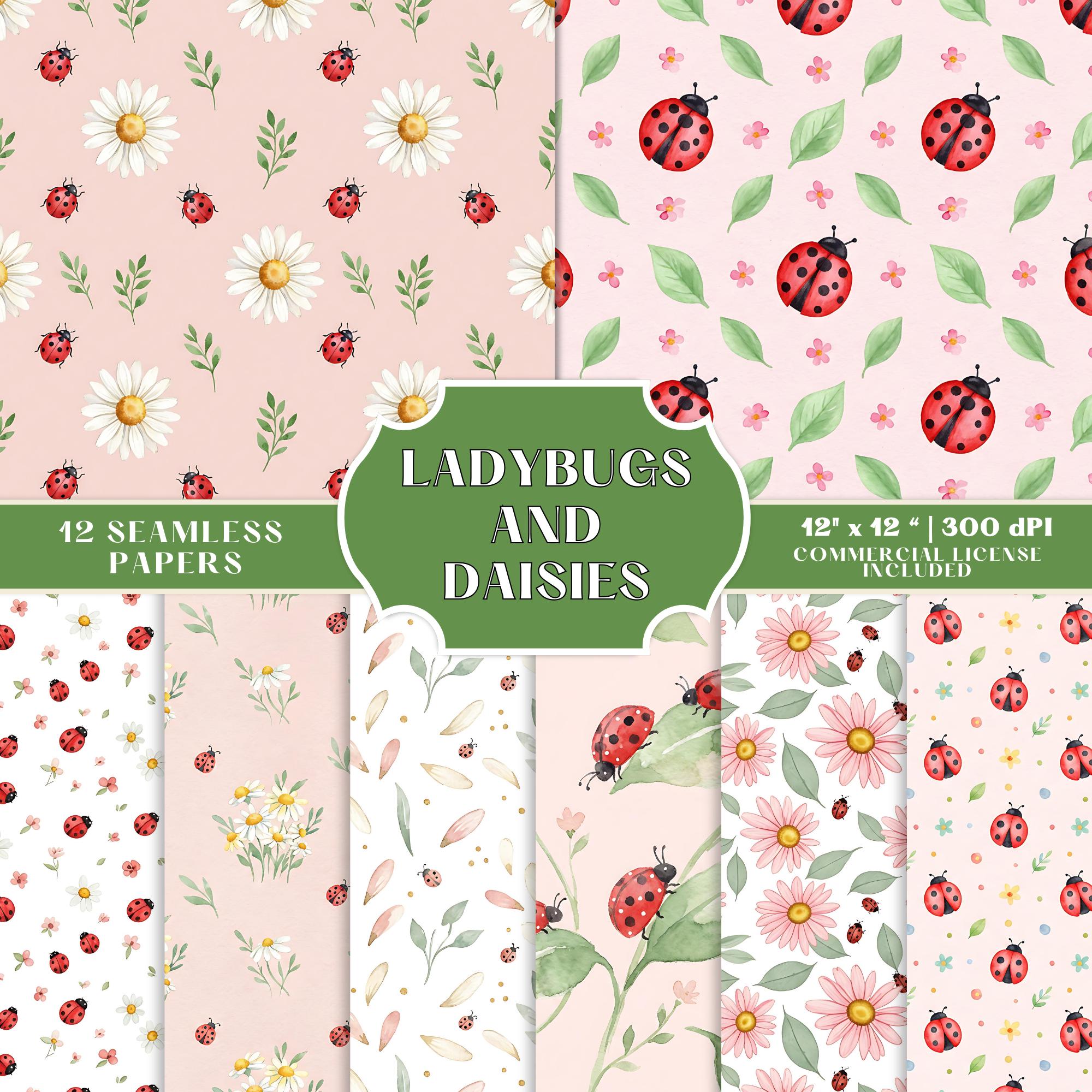 Ladybug Daisy Floral Seamless Pattern Bundle, Spring Bug Digital ...