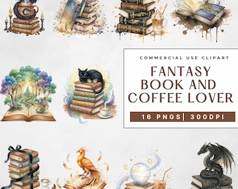 May include: Watercolor clipart featuring fantasy-themed illustrations. The images include stacks of books, dragons, cats, and phoenixes. The text reads "Fantasy Book and Coffee Lover" with "16 PNGs | 300 DPI".