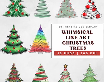 Line Art Whimsical Christmas Tree Clipart, Printable Watercolor Doodle Trees, Holiday Tree Sublimation, Commercial Use