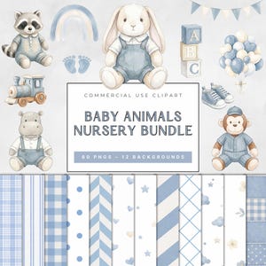 May include: A collection of watercolour baby animal clipart, including a raccoon, bunny, hippo, monkey, and train. Also features a rainbow, balloons, blocks, shoes, footprints, and patterned backgrounds. Text reads "Baby Animals Nursery Bundle".
