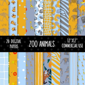 Zoo Animal Digital Paper Pack: Safari Scrapbook Backgrounds (Commercial Use)