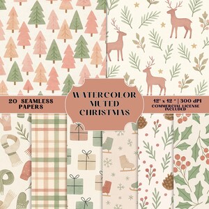 May include: A set of 20 seamless watercolour papers with a muted Christmas theme. Designs feature Christmas trees, deer, gifts, ice skates, and winter foliage. Each paper is 30.48 cm x 30.48 cm and includes a commercial license.