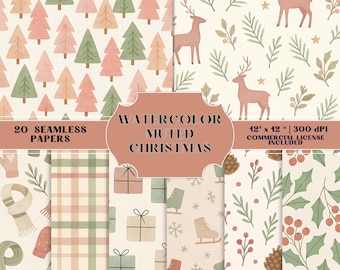 May include: A collection of 20 seamless watercolor papers with a muted Christmas theme. The designs include Christmas trees, deer, gifts, ice skates, and winter foliage. Each paper is 12 x 12 inches and includes a commercial license.