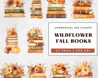 Watercolor Fall Book Clipart Bundle: Cottagecore Autumn PNG (Commercial Use)
