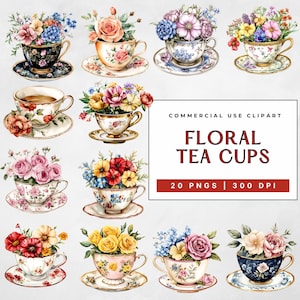 Pacchetto di clipart di tazze da tè floreali in formato PNG, 20 tazze da tè vintage ad acquerello con fiori, grafica di tazze da tè ad alta risoluzione, clipart per uso commerciale