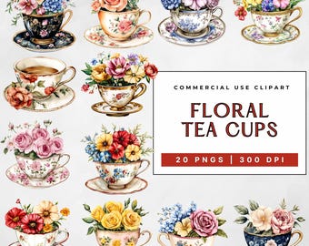 May include: Watercolor illustration of floral tea cups. Each cup and saucer is decorated with floral patterns and filled with colorful flowers. The image includes the text "FLORAL TEA CUPS" and "20 PNGS | 300 DPI".