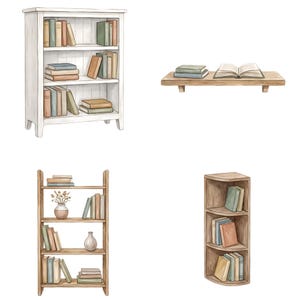 May include: Watercolor illustration of four different bookshelves. One is white with books in various colors. Another is a simple wooden shelf with books. The other two are wooden bookshelves with books and decorative items.