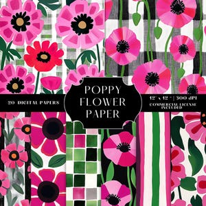 Könnte beinhalten: Ein Set mit 20 digitalen Papieren mit Mohnblumen-Designs in Pink, Rot, Schwarz, Weiß und Grün. Die Papiere sind 30,5 cm x 30,5 cm groß und haben eine Auflösung von 300 dpi. Eine kommerzielle Lizenz ist enthalten.