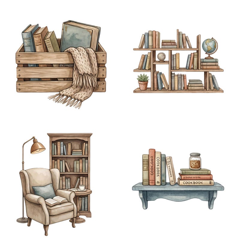 May include: Watercolor illustrations of cozy reading nooks. The image features a wooden crate filled with books and a blanket, a bookshelf with a globe, a reading chair with a lamp, and a small shelf with cookbooks.