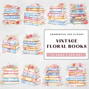 May include: A collection of watercolour illustrations of vintage books, each decorated with floral arrangements and ribbons. The books have pastel covers in blue, pink, and yellow. The image includes the text "VINTAGE FLORAL BOOKS".