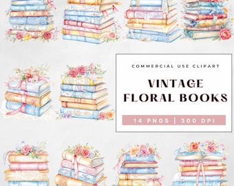 Paquete de imágenes prediseñadas de libros florales: Pila de libros de acuarela PNG (uso comercial)