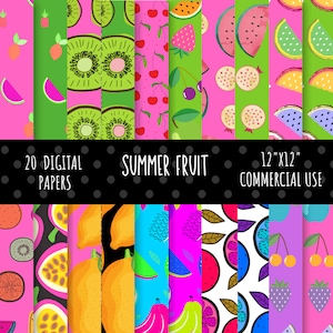 Paquete de papel digital de frutas, papel digital de frutas de verano, papel de acuarela, papel de scrapbooking colorido, uso comercial, 20, 12x12