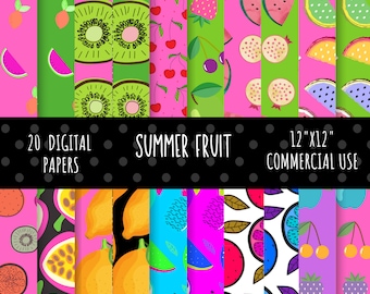 Digitaal fruitpapierpakket, digitaal papier zomerfruit, aquarelpapier, kleurrijk scrapbookingpapier, commercieel gebruik, 20, 12 x 12