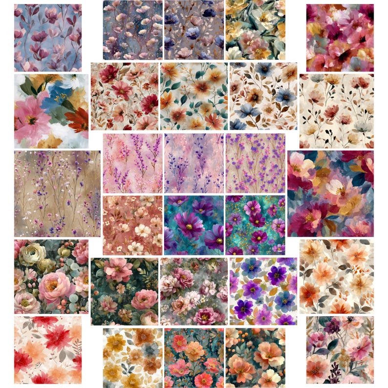 May include: A selection of floral watercolour patterns in diverse colours. The designs showcase a variety of flowers, including roses, poppies, and lavender, in shades of pink, purple, orange, and blue. The patterns are suitable for fabric, wallpaper, or other decorative uses.