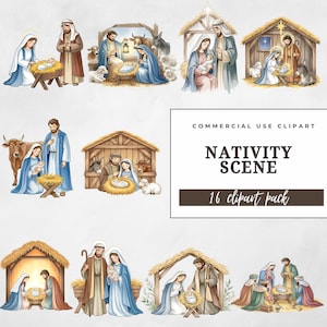 Nativity Scene Clipart Bundle, 16 Watercolor Christmas PNGs, Holy Family Manger Christian, Religious Holiday Art, Commercial Use