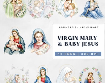 Virgin Mary & Baby Jesus Watercolor Clipart Bundle, 12 Christian Religious PNGs, Holy Mother And Child Sublimation, Commercial Use