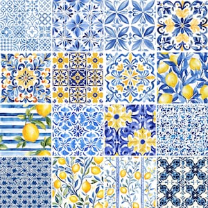 Puede incluir: Un collage digital de 16 patrones diferentes con dise&ntilde;os de acuarela azul y amarillo. Los patrones incluyen limones, rayas, dise&ntilde;os florales y formas geom&eacute;tricas.