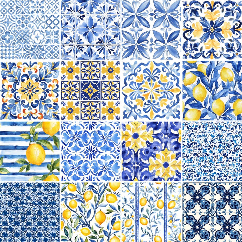 Puede incluir: Un collage digital de 16 patrones diferentes con dise&ntilde;os de acuarela azul y amarillo. Los patrones incluyen limones, rayas, dise&ntilde;os florales y formas geom&eacute;tricas.