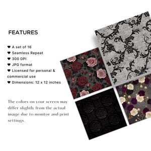 May include: A set of 16 seamless repeat digital papers, each 12 x 12 inches. The designs include floral patterns with roses in shades of red, pink, and black, and a black lace pattern. Also includes a pattern with keys and pearls.