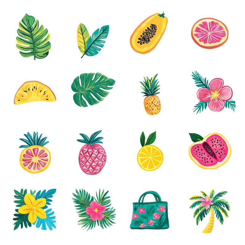 May include: A collection of tropical fruits, flowers, and plants, including a pineapple, papaya, watermelon, lemon, grapefruit, dragon fruit, and hibiscus flowers. The image also includes a green tote bag with floral designs and a palm tree with a pink flower.
