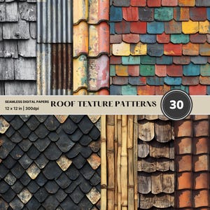 Peut inclure: Un ensemble de 30 motifs de papier numérique présentant différentes textures de toiture. Les motifs comprennent du bois, du métal, des tuiles et du bambou. Les papiers mesurent 30,48 cm sur 30,48 cm et 300 dpi.