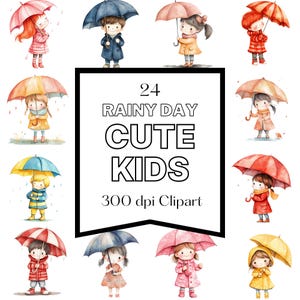 Rainy Day Kids clipart png, schattige lente kinderen met paraplu's, aquarel grafische bundel, 24 afbeeldingen, commercieel gebruik