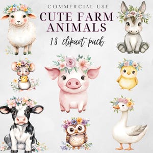 Pacote de clipart de aquarela de animais de fazenda fofos, desenho animado de berçário, cavalo, vaca, galinha, ganso, gráficos png, uso comercial