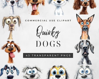 Quirky Dog Breeds Clipart, Whimsical Dogs Pet Sublimation, Pups Whimsy Graphics,  Funny Pets Canine Dog illustration, Commercial Use