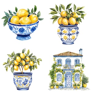 Puede incluir: Cuatro ilustraciones con macetas de cer&aacute;mica azul y blanca con limones amarillos. La imagen superior izquierda muestra un cuenco lleno de limones. La imagen superior derecha muestra un jarr&oacute;n con limones en una rama. La imagen inferior izquierda muestra un limonero en maceta. La imagen inferior derecha muestra una peque&ntilde;a casa azul y blanca con un tejado de tejas rojas y limones amarillos creciendo en enredaderas.