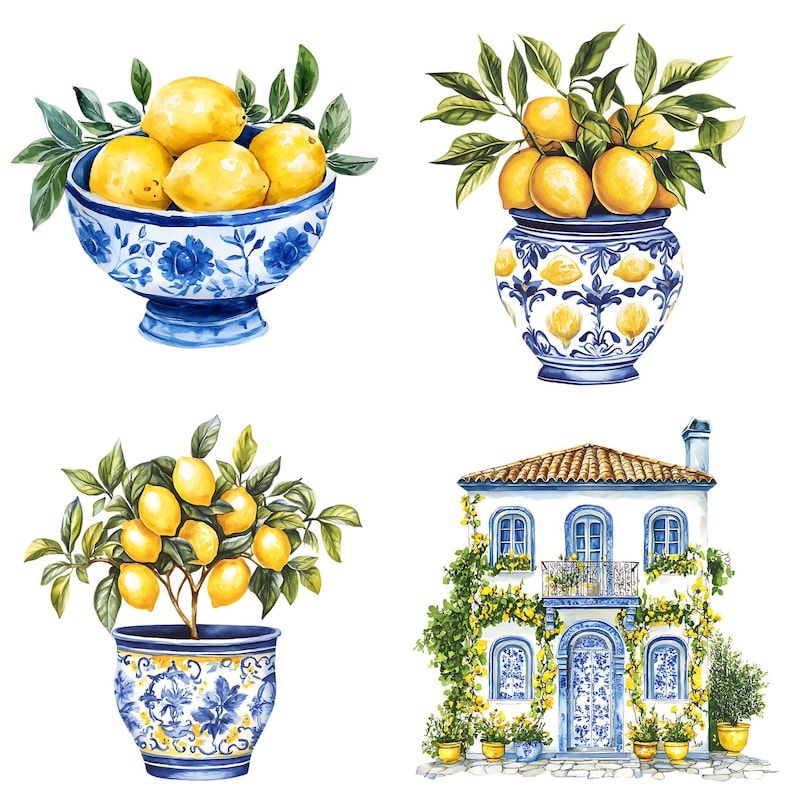 Puede incluir: Cuatro ilustraciones con macetas de cer&aacute;mica azul y blanca con limones amarillos. La imagen superior izquierda muestra un cuenco lleno de limones. La imagen superior derecha muestra un jarr&oacute;n con limones en una rama. La imagen inferior izquierda muestra un limonero en maceta. La imagen inferior derecha muestra una peque&ntilde;a casa azul y blanca con un tejado de tejas rojas y limones amarillos creciendo en enredaderas.