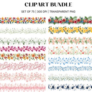 May include: A set of 75 watercolor floral borders, perfect for adding a touch of elegance to your digital designs. The borders feature a variety of flowers, including roses, daisies, and wildflowers, in a range of colors, including pink, blue, yellow, and red. The borders are all 300 DPI and are transparent PNG files.