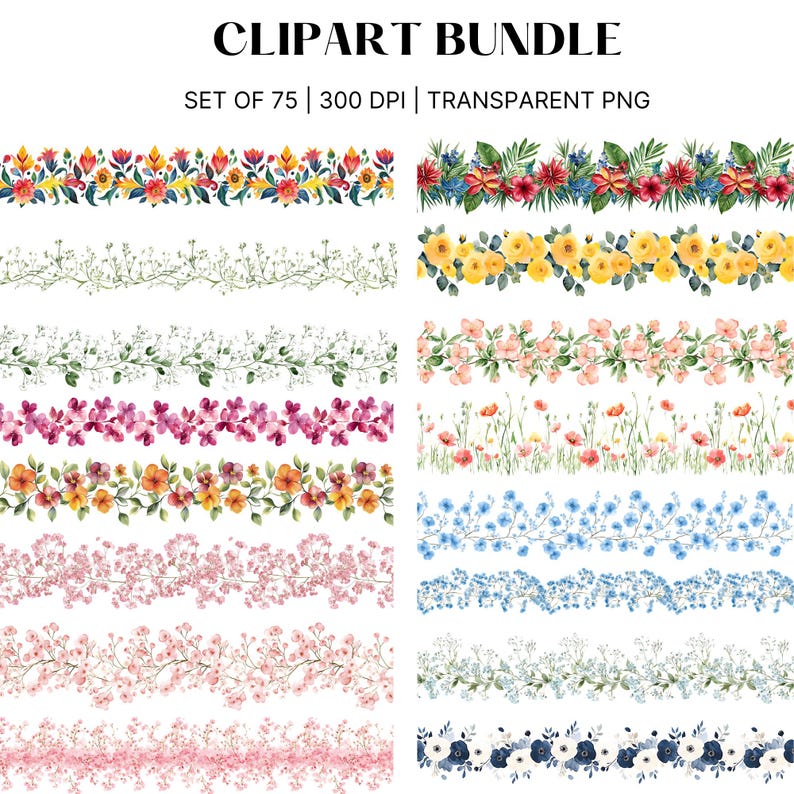 May include: A set of 75 watercolor floral borders, perfect for adding a touch of elegance to your digital designs. The borders feature a variety of flowers, including roses, daisies, and wildflowers, in a range of colors, including pink, blue, yellow, and red. The borders are all 300 DPI and are transparent PNG files.