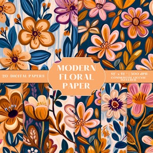Peut inclure: Une collection de papiers numériques avec un design floral moderne. Les papiers présentent des fleurs colorées dans des tons orange, rose et violet, avec des feuilles bleues et vertes, sur un fond sombre. Le texte sur l'image indique "Modern Floral Paper".
