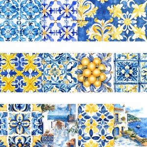 Puede incluir: Un conjunto de nueve papeles digitales con patrones de acuarela azul y amarillo inspirados en los azulejos portugueses tradicionales. Los patrones incluyen dise&ntilde;os florales, formas geom&eacute;tricas y una escena de un edificio con un limonero.