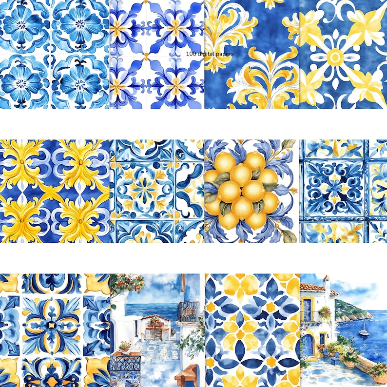 Puede incluir: Un conjunto de nueve papeles digitales con patrones de acuarela azul y amarillo inspirados en los azulejos portugueses tradicionales. Los patrones incluyen dise&ntilde;os florales, formas geom&eacute;tricas y una escena de un edificio con un limonero.