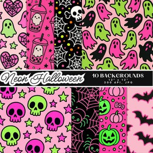 Op de afbeelding: Een verzameling van tien digitale achtergronden met Halloween-thema. De ontwerpen bevatten neonroze, zwarte en groene kleuren met illustraties van geesten, schedels, spinnenwebben en bubble tea met spookkarakters. De tekst "Neon Halloween" is ook zichtbaar.