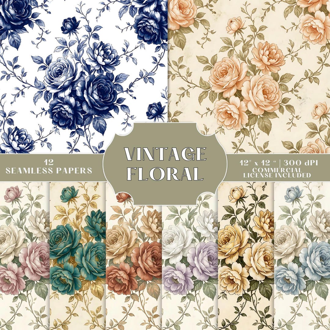 Vintage Floral Seamless Digital Paper Bundle, Antique Botanical Digital ...