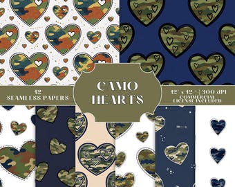 May include: A collection of 12 seamless papers featuring heart shapes with camouflage patterns in various colors. The image includes the text "CAMO HEARTS" and "12 SEAMLESS PAPERS". The papers are 12 x 12 inches and 300 DPI, with a commercial license.