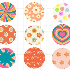 May include: Nine colorful round stickers with different retro patterns. The patterns include a swirl, flowers, smiley faces, a heart, eyeglasses, and stars.