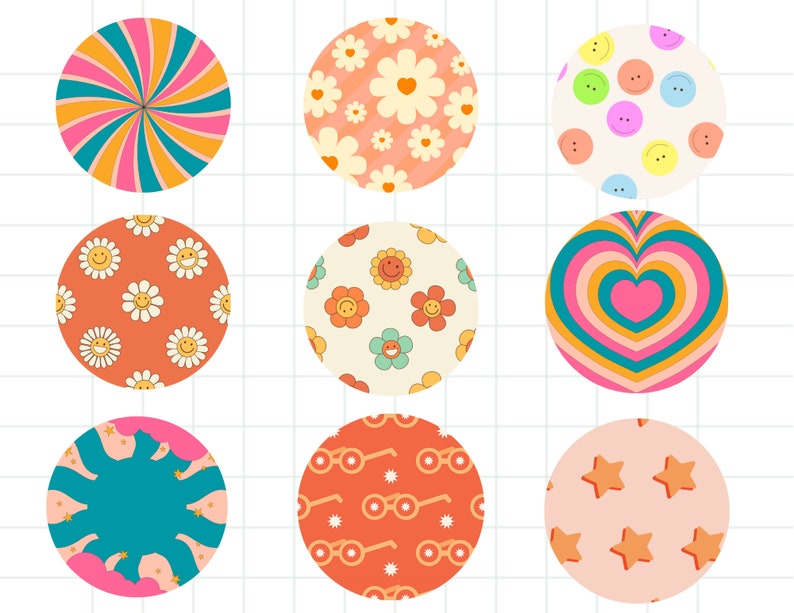 May include: Nine colorful round stickers with different retro patterns. The patterns include a swirl, flowers, smiley faces, a heart, eyeglasses, and stars.