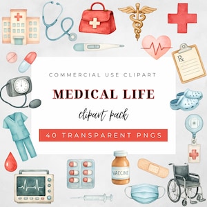 Puede incluir: Paquete de im&aacute;genes predise&ntilde;adas de acuarela con ilustraciones de tem&aacute;tica m&eacute;dica. Incluye un hospital, estetoscopio, botiqu&iacute;n de primeros auxilios, caduceo, coraz&oacute;n, receta, batas, tensi&oacute;metro, pastillas, frasco de vacuna, vendaje, mascarilla, silla de ruedas y m&aacute;s. Texto: "MEDICAL LIFE clipart pack".