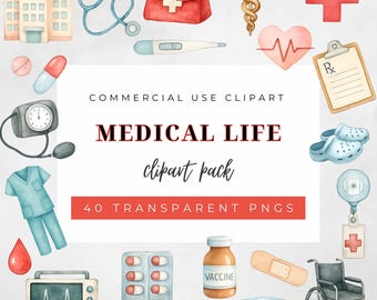 May include: Watercolor clipart pack featuring medical-themed illustrations. Includes a hospital, stethoscope, first aid kit, caduceus, heart, prescription, scrubs, blood pressure monitor, pills, vaccine bottle, bandage, mask, wheelchair, and more. Text reads "MEDICAL LIFE clipart pack".
