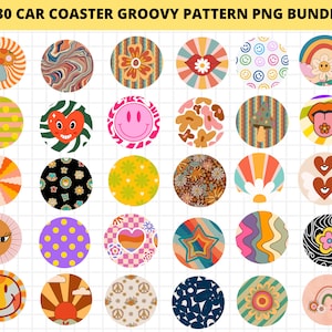 30 Groovy Car Coaster Sublimation PNG Designs, Retro Clipart, Too Groovy Png Sublimation Designs, Commercial Use