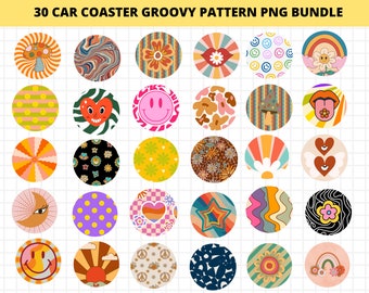 30 Groovy Car Coaster Sublimation PNG Designs, Retro Clipart, Too Groovy Png Sublimation Designs, Commercial Use