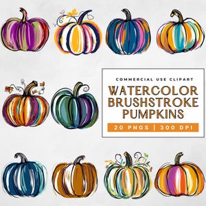May include: A collection of watercolor brushstroke pumpkins in various colors, including purple, orange, blue, and green. The pumpkins have a hand-painted style with visible brushstrokes and are arranged on a white background. The image includes text that reads "COMMERCIAL USE CLIPART WATERCOLOR BRUSHSTROKE PUMPKINS 20 PNGS | 300 DPI."
