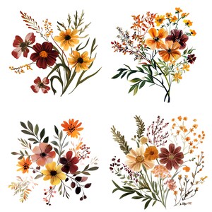 May include: Watercolor illustrations of four floral arrangements. Each arrangement features a variety of flowers in shades of yellow, orange, and burgundy, with green foliage. The bouquets are set against a white background.