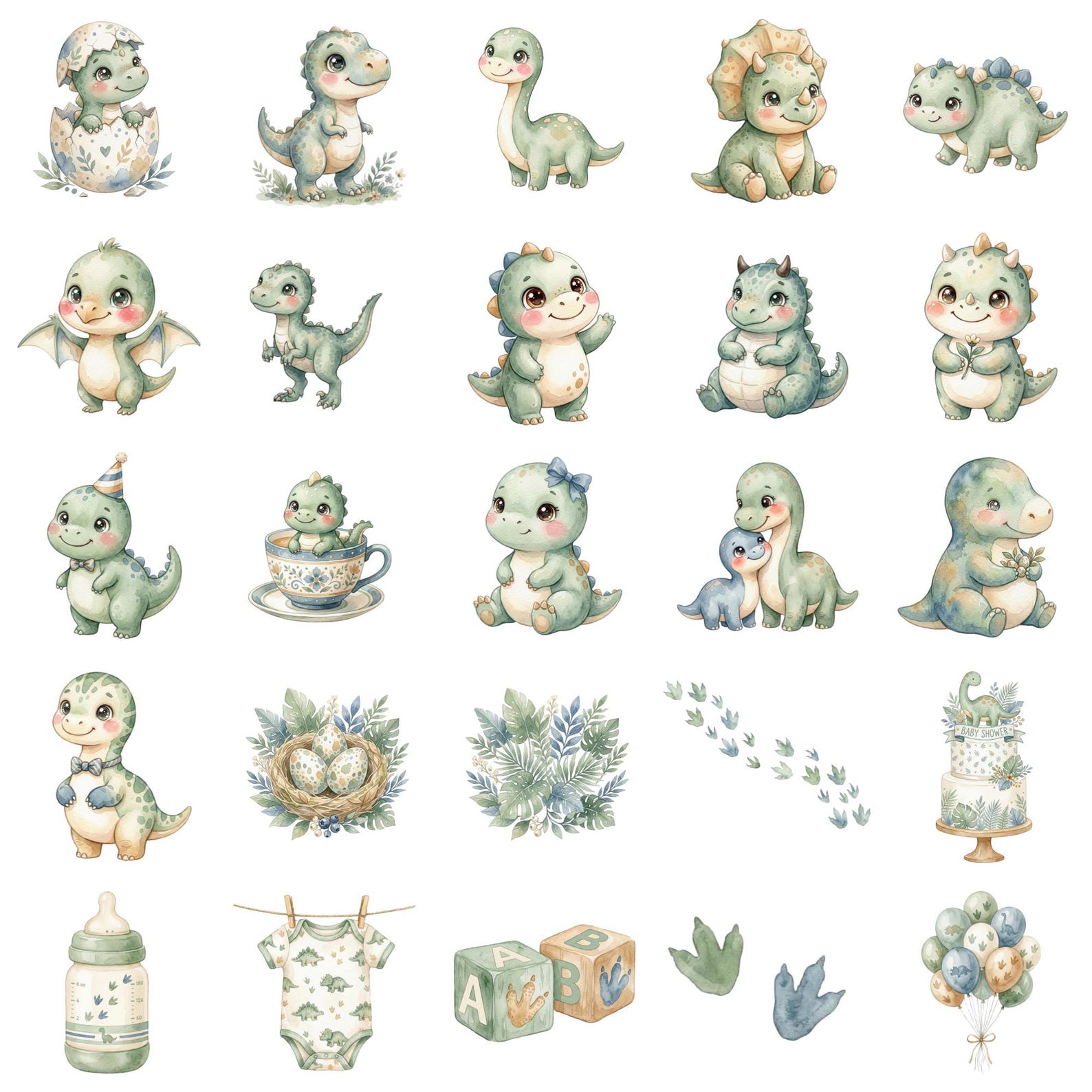 Watercolor Dinosaur Baby Clipart Paper Bundle, Prehistoric Baby Shower ...
