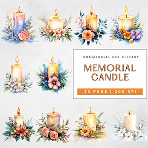 Bougie commémorative Png, Clipart Invitation paisible, Sublimation florale de bougie, 20 cliparts aquarelle, usage Commercial de journal indésirable